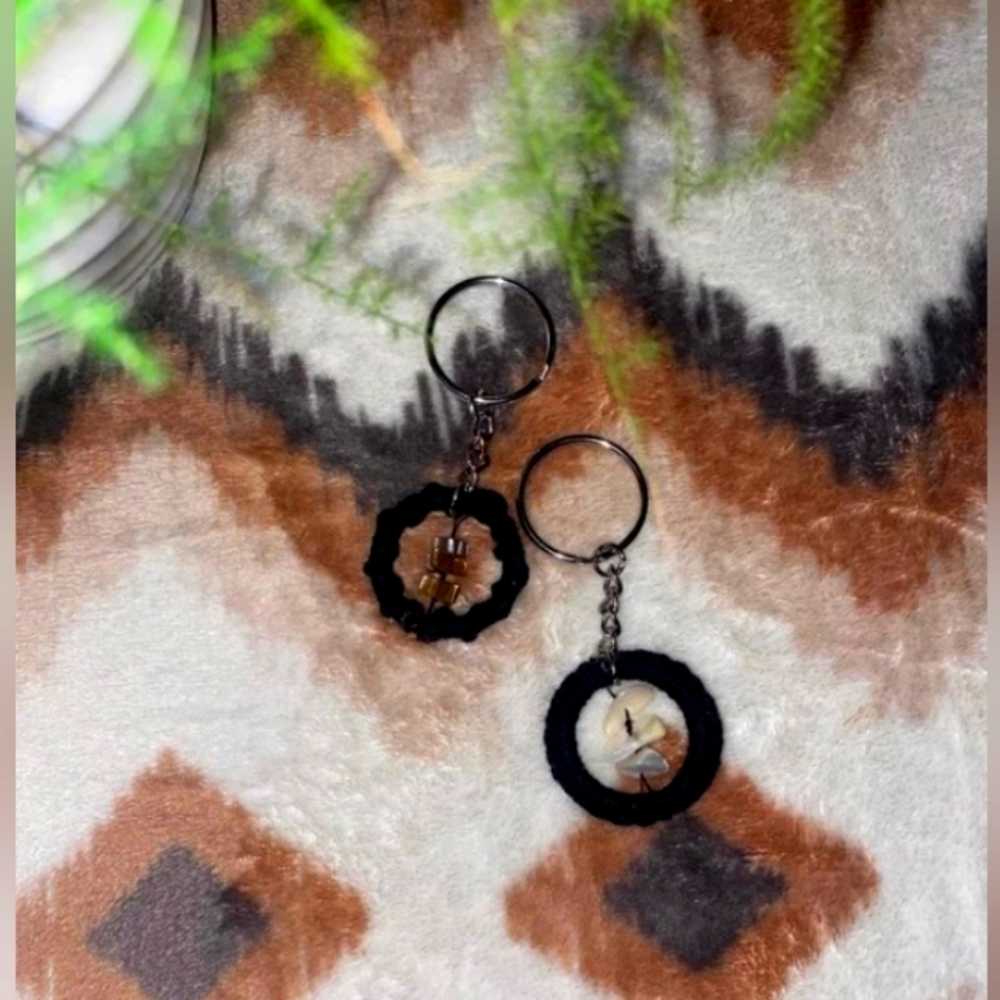 Black Hand Crafted Macrame Keychain Purse Charm with Stones